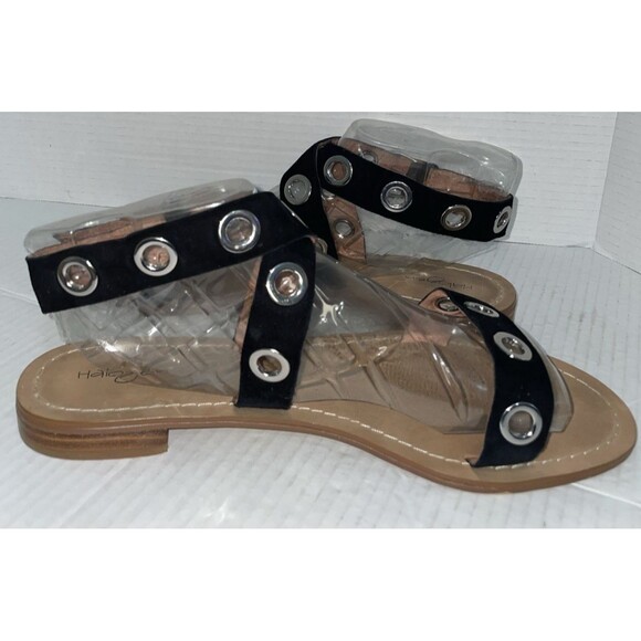 Halogen Sandals Size 12 Black Leather Ankle Strap Grommet Gladiator Flat Casual - Picture 7 of 15